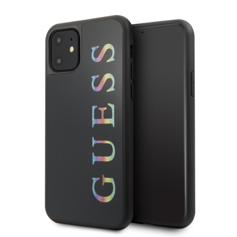 Guess hátlapi tok iPhone 11 készülékre fekete, csillogó színes Guess felírattal