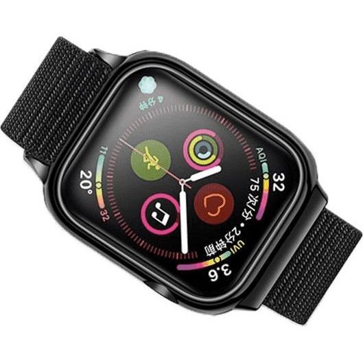Apple Watch 42/44/45/49 mm tépőzáras szőtt szíj+ tok fekete színben
