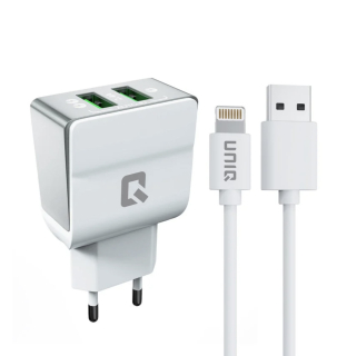 Uniq Dual port 2.1A töltőszett (adapter+lightning kábel fehér színben