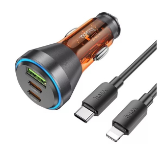 Hoco NZ12D autós töltő USB 18W + 2x Type-C + Type C - Lightning kábel átlátszó / narancssárga színben