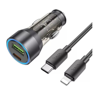 Hoco NZ12D autós töltő USB QC 18W + Type-C 25W + Type C - Lightning kábel átlátszó / fekete színben