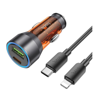 Hoco NZ12D autós töltő USB QC 18W + Type-C 25W + Type C - Lightning kábel átlátszó / narancssárga színben