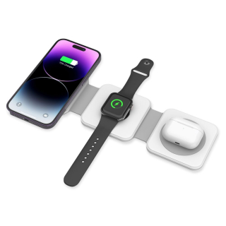 Tech-Protect Qi15W-A24 3in1 MagSafe iPhone + Apple Watch + AirPods Qi vezeték nélküli töltő állvány-fehér